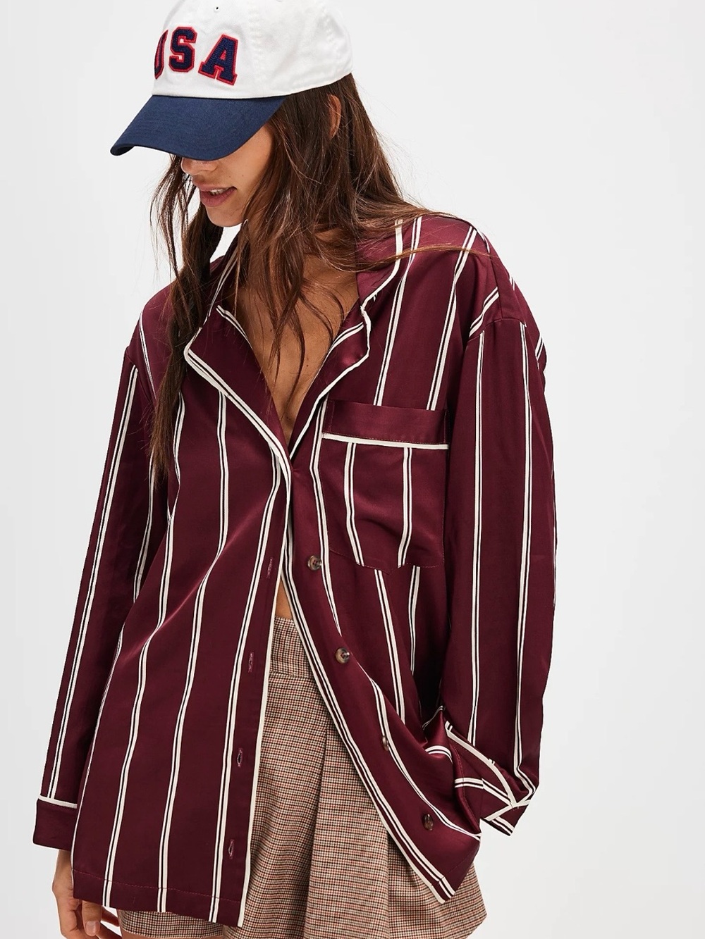 We The Free Free People Burgundy Striped Oversized Button Down Shirt XS